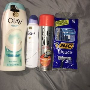Body accesr. Olay body wash, dove, shave cream&bic